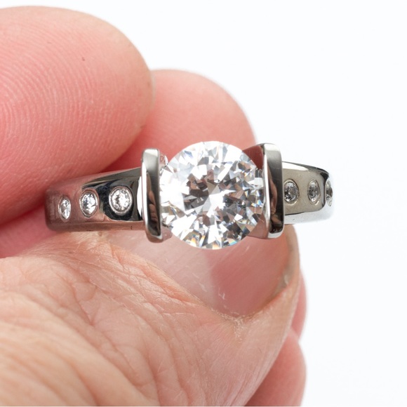 Simulated diamond engagement ring stainless steel band by Gems En Vogue size 8